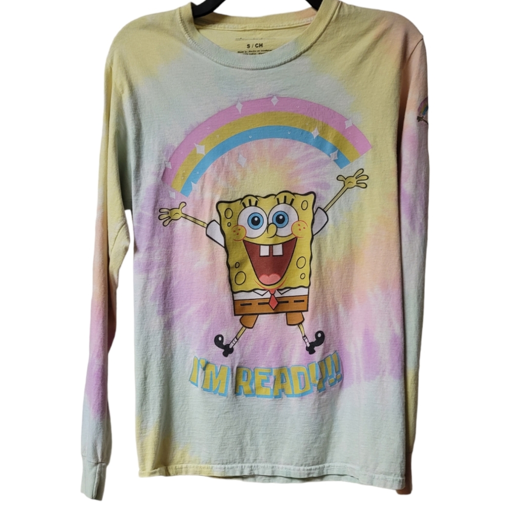 Nickelodeon SpongeBob "I'm Ready" Graphic Long Sleeve Tie-Dye T-Shirt, Small